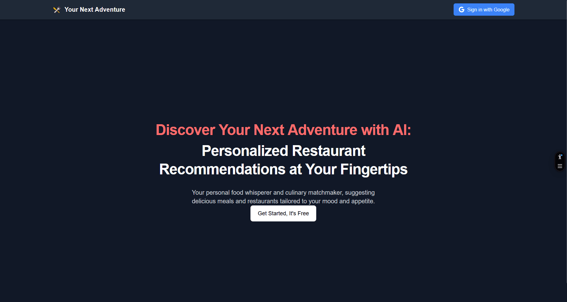 AI food planner home with meal suggestions and nearby restaurant discovery