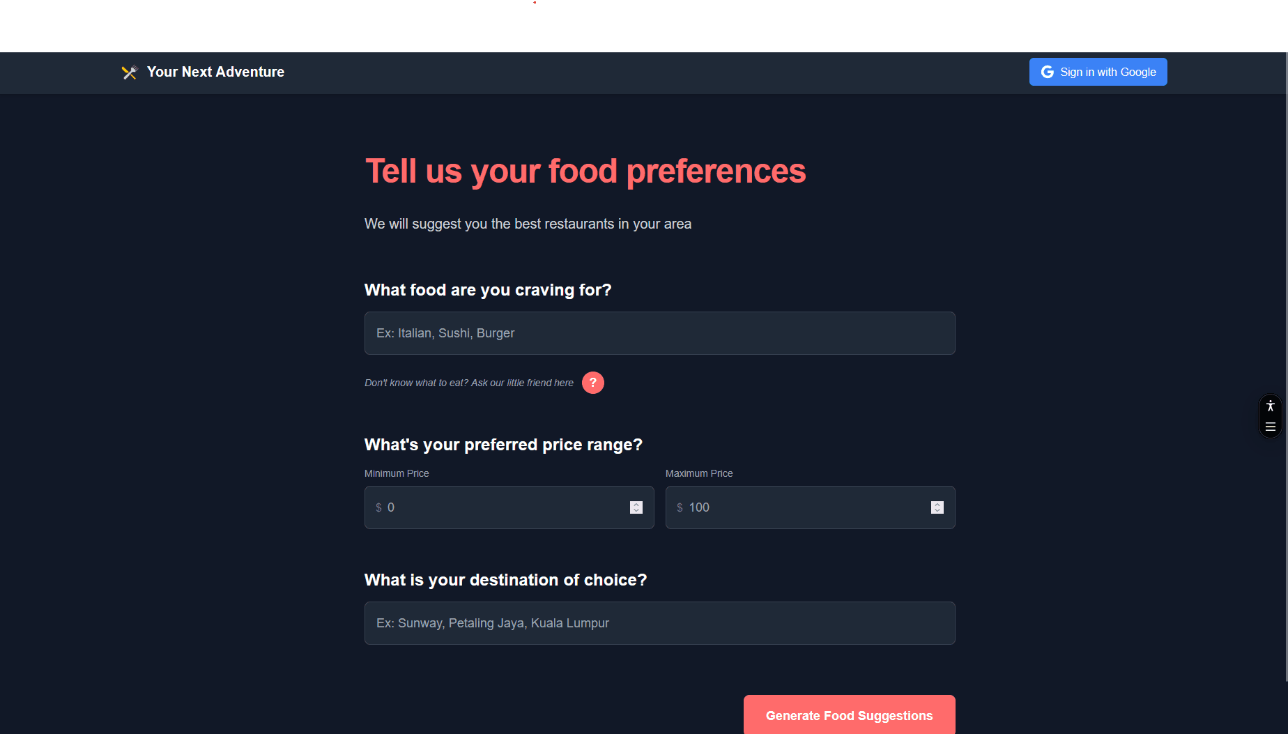 AI-assisted food recommendations and nearby restaurant results