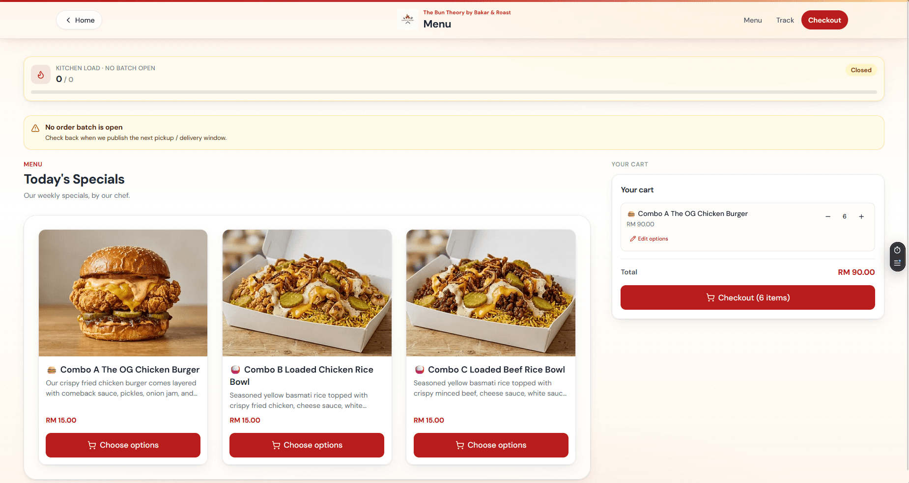 Kitchen and admin dashboard views for the food ordering system